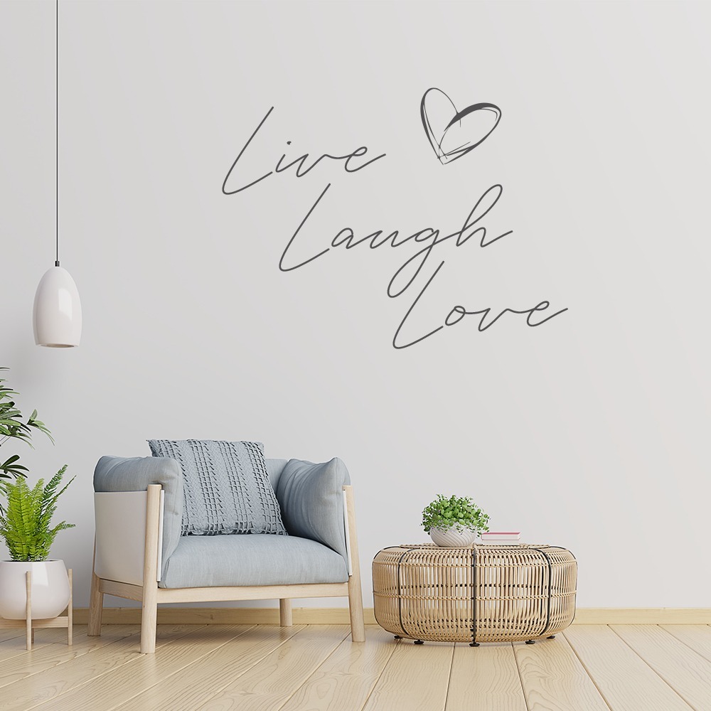 Sticker voor je woonkamer op de muur met tekst Live Laugh Love
