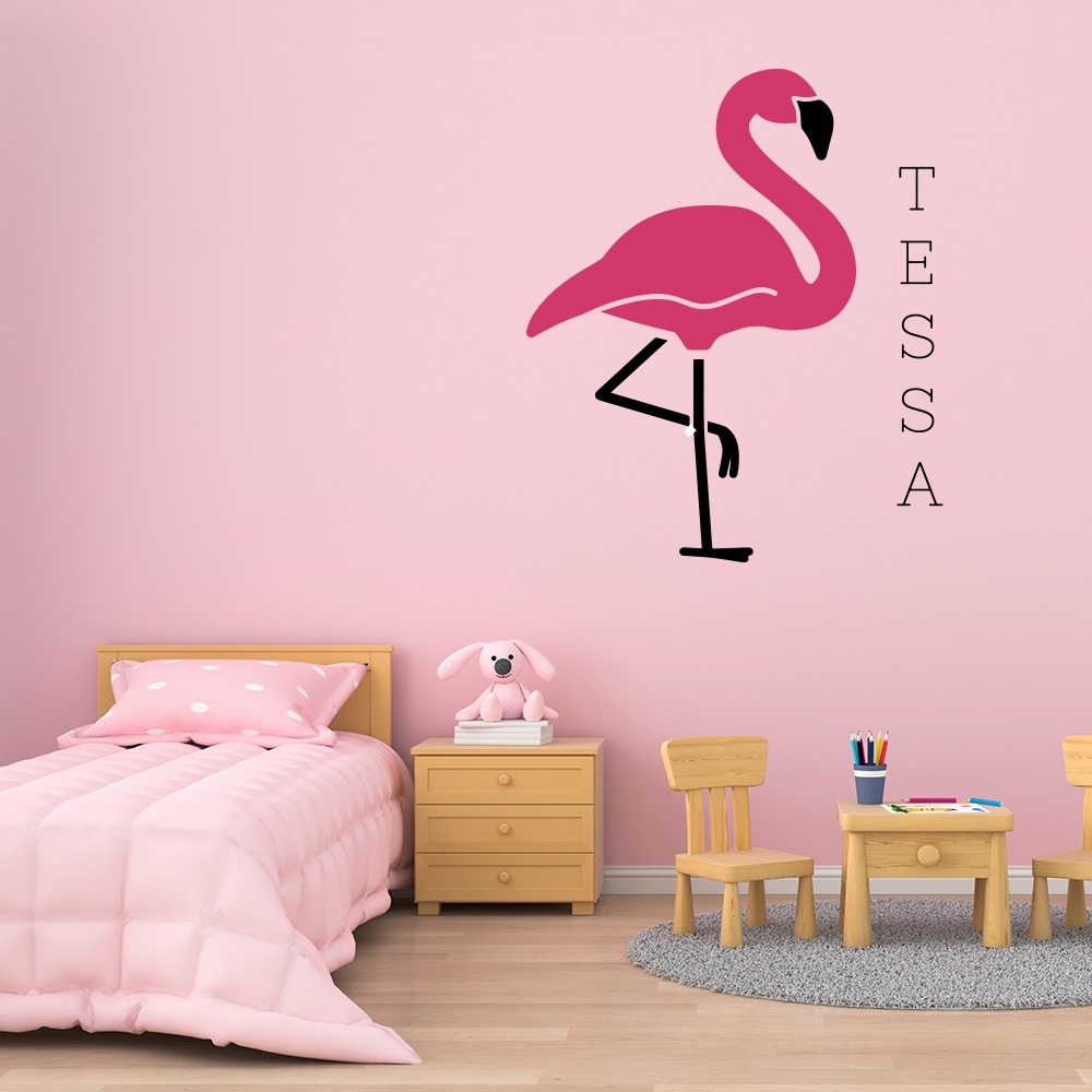 Mooie opvallende kamer Muursticker Flamingo met naam